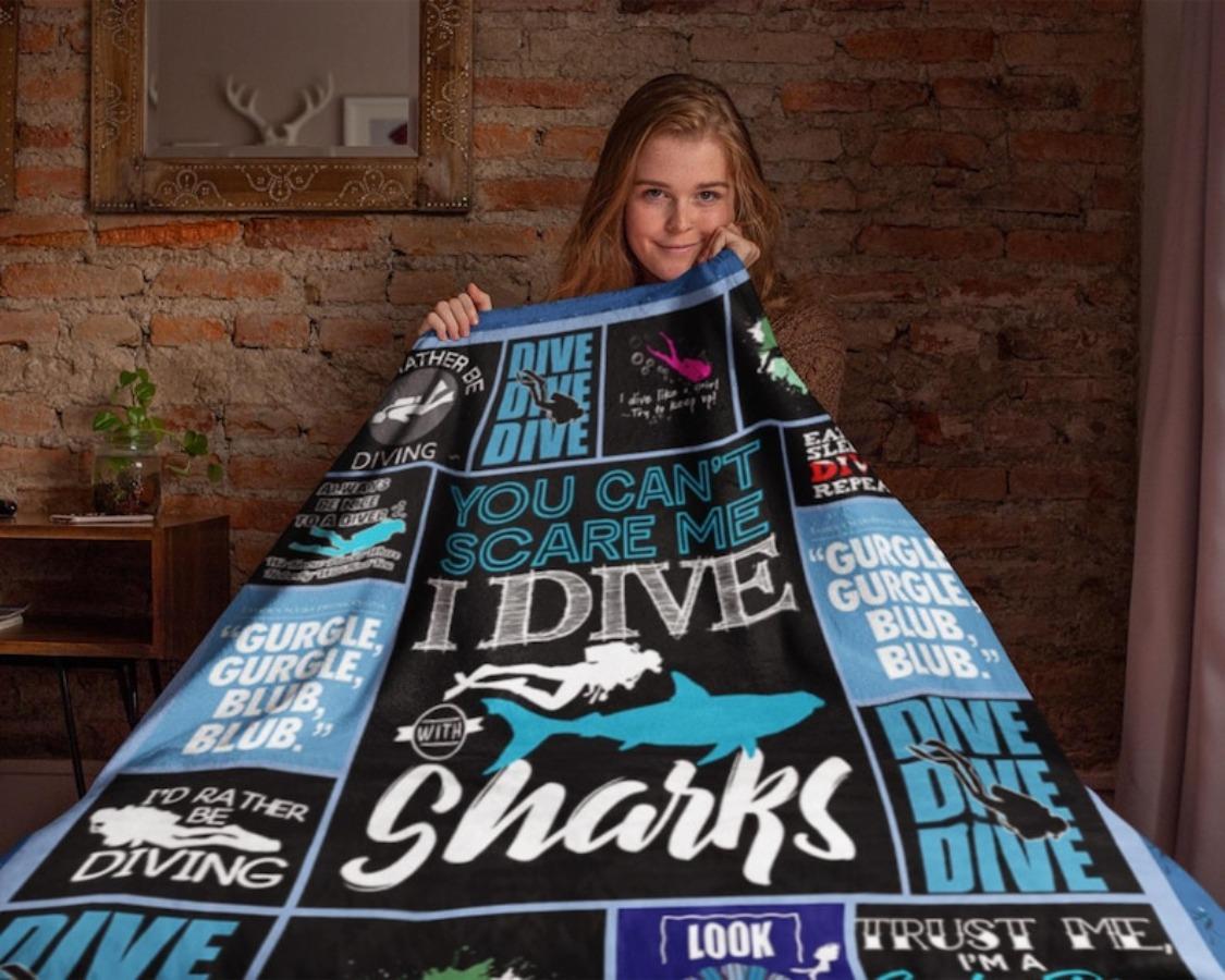 I Dive with Sharks Blanket, Scuba Diving Blanket, Scuba Diver Blanket, Dive Blanket, Snorkeling Blanket, Ocean Sport Blanket, Ocean Gifts