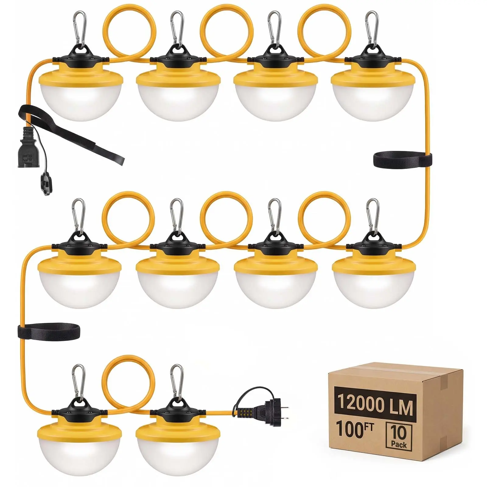VEVOR Construction String Lights 100FT 100W 10 Bulbs LED String Work Lights, IP65 Waterproof Linkable LED Temporary Jobsite Lighting, 5000K 12000LM, for Construction Site Crawlspace Renovation, 2 Pack