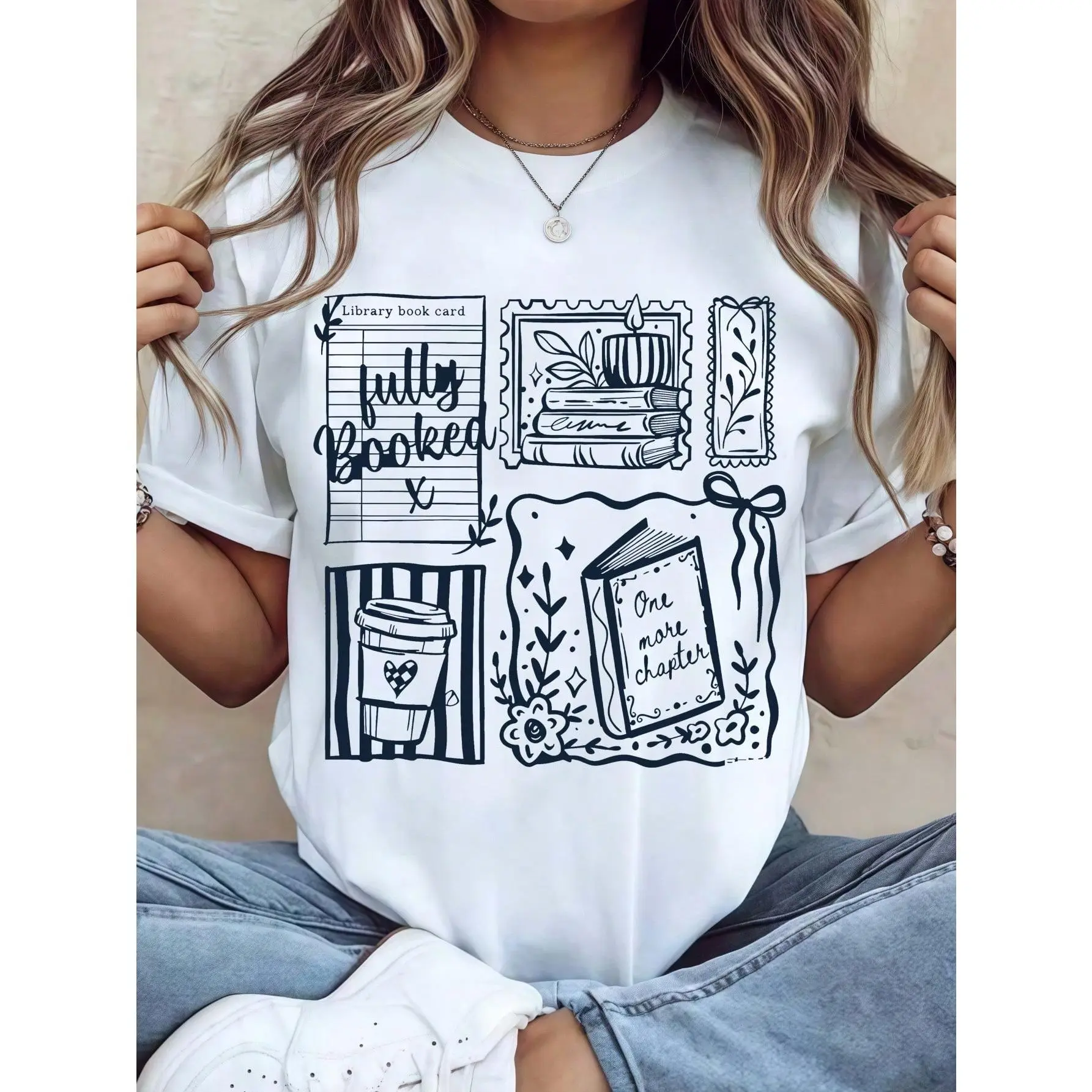 Fully Booked One More Chapter Cute Reader Bookworm Graphic Tee - Standard 100% Pure Cotton Short Sleeve Crewneck Casual Top for Women, Librarians & Teens, Trendy Literary Apparel, Outfit & Gift