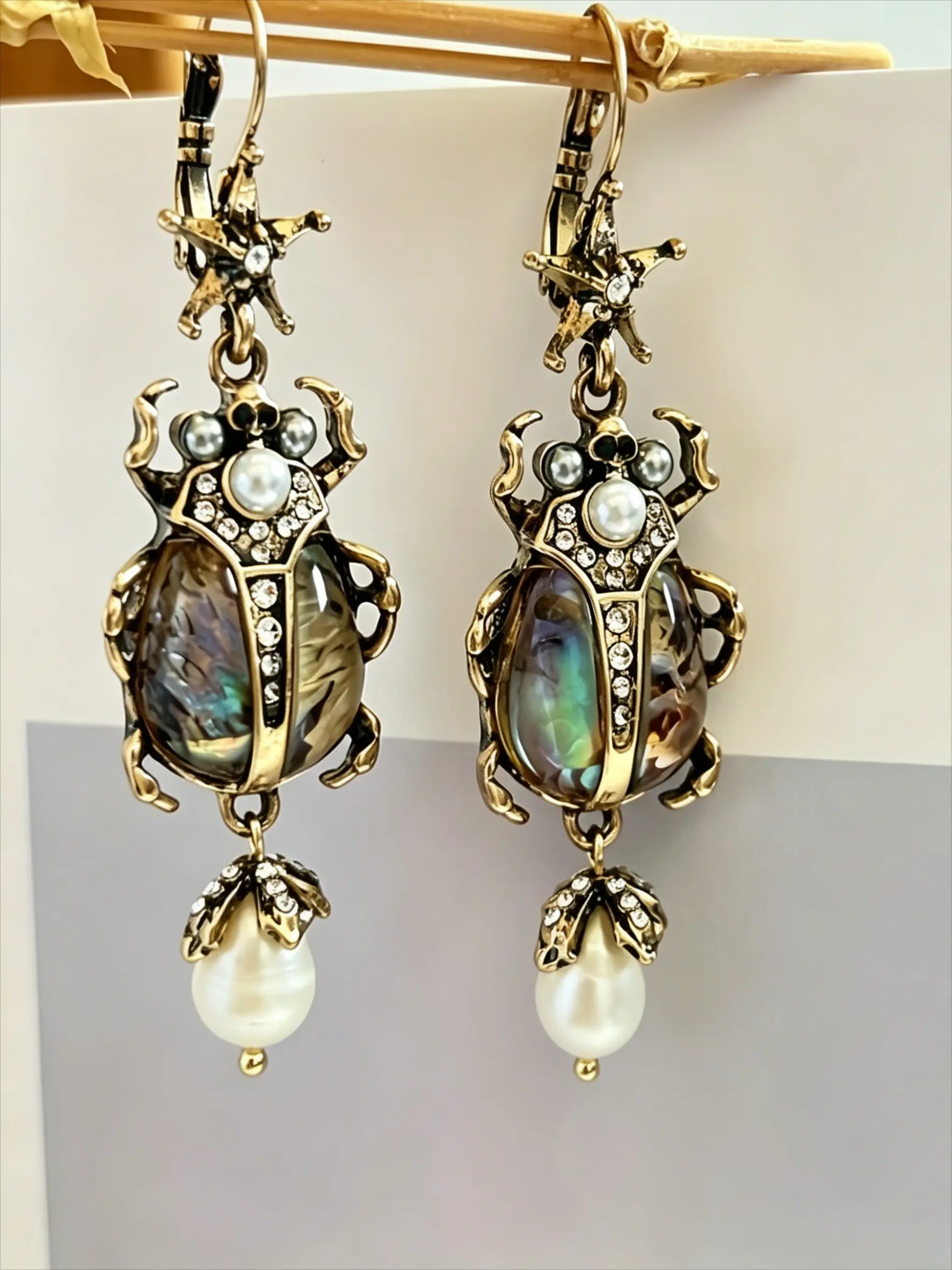 Vintage Insect Pearl Drop Earrings, Geometric Design, Casual Style, Zinc Alloy Chain, All Seasons, Bohemian Festival Accessory Gift, Pearls Earrings, Earrings Jewelry