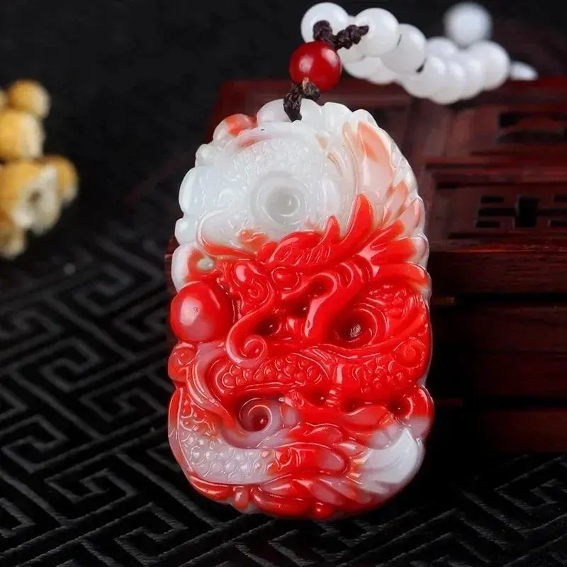 Hand-Carved Zodiac Dragon Pendant Necklace in Natural Chicken Blood Red Jade with Color Blocks, Unisex Fashion Jewelry Gift with Adjustable Cord, 52x35mm, 35 Mm, Dragon Artificial Gemstone Necklaces & Pendants, Chinese Jade