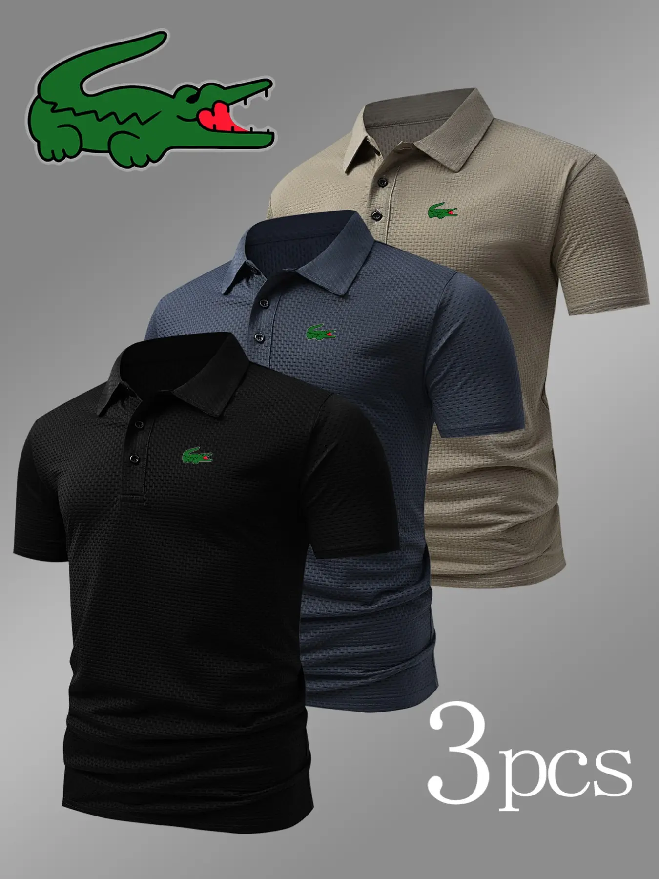Men's Crocodile Print Polo Shirt, 3-Pack, Fitted, Casual Style, Breathable, All-Season Wear, Comfortable and Durable, High-Quality