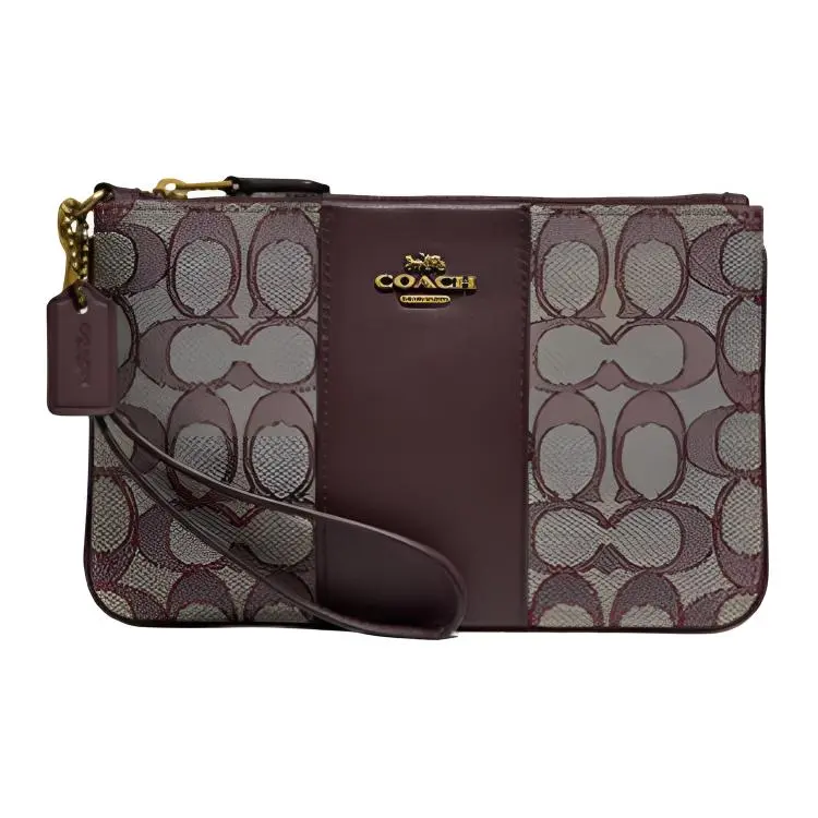 COACH Wristlet 19 Small Handbag for Women – Classic Monogram Canvas and Leather, Zip Closure, Dark Brown