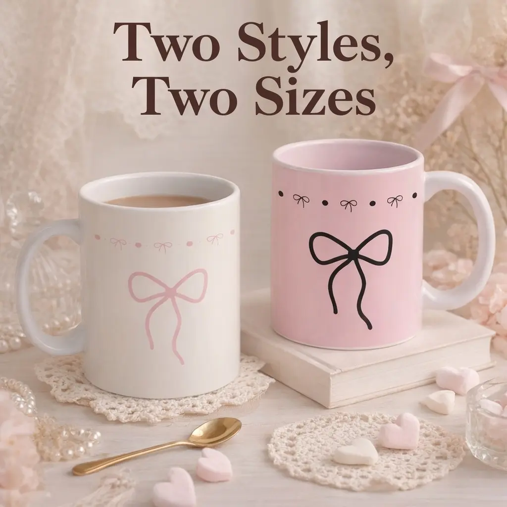 Coquette Pink Bow Mug, Soft Pink & Black Ribbon Design Cup, Cute Aesthetic Ceramic Coffee Mug, Birthday Gift, Gift for Girlfriend, Gift for Bestie, 11oz 15oz Tea Cup, Halloween Christmas Gift