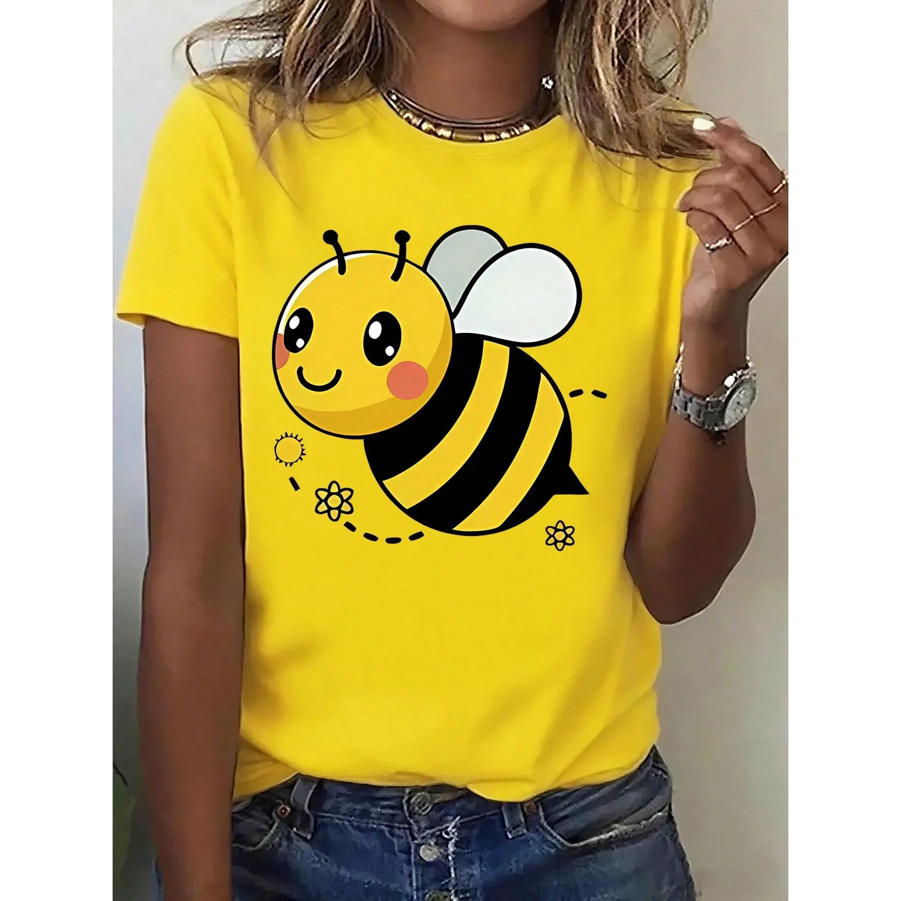 Break The System Cute Little Bee Cartoon Print Pattern, Casual And Comfortable Short-Sleeve T-Shirt, Suitable For Running And Sports, Stylish,
