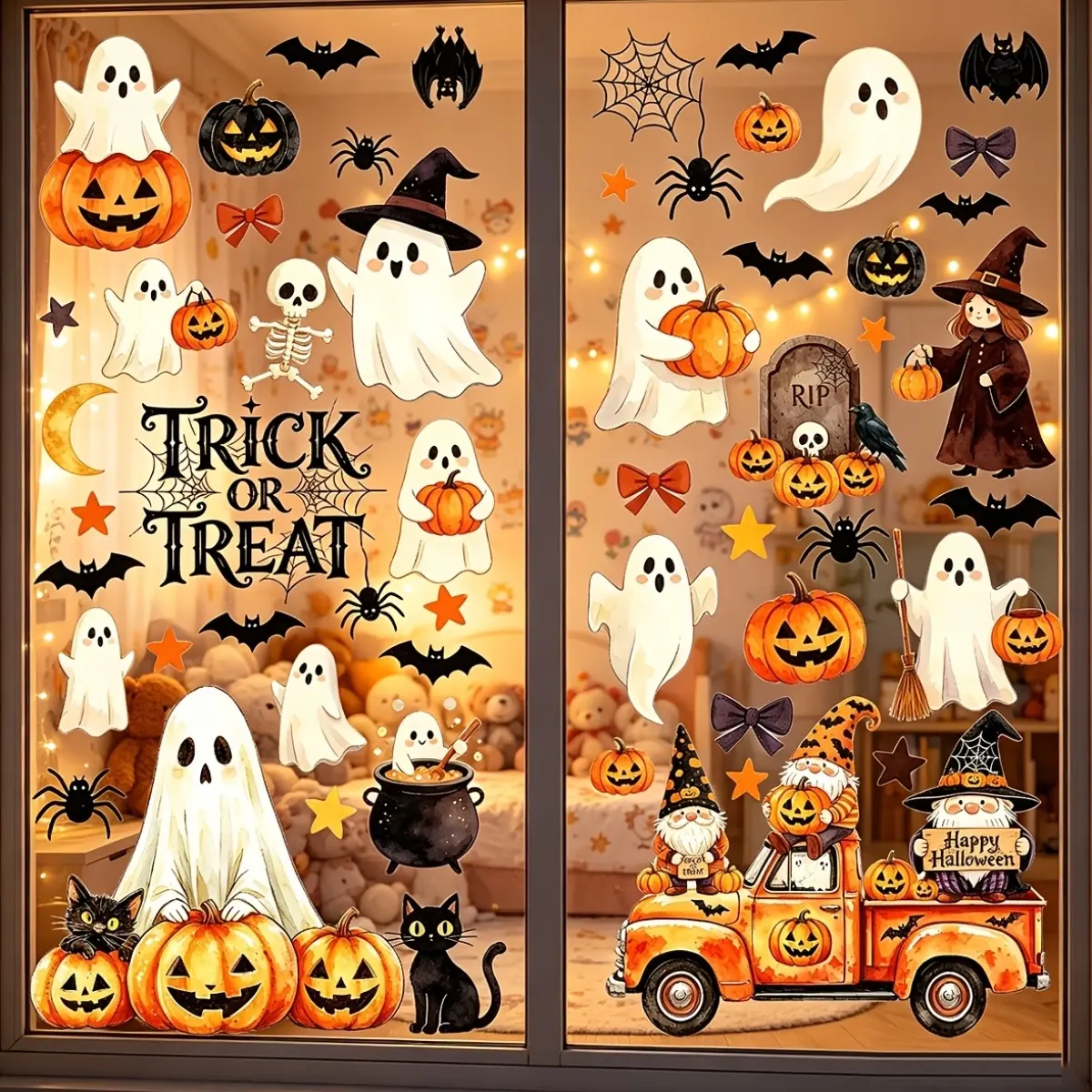 Halloween Window Clings Set, Reusable Static Cling Decals, Watercolor Pumpkin, Ghost, Witch, Cat, Spider Web, Home Party Decor