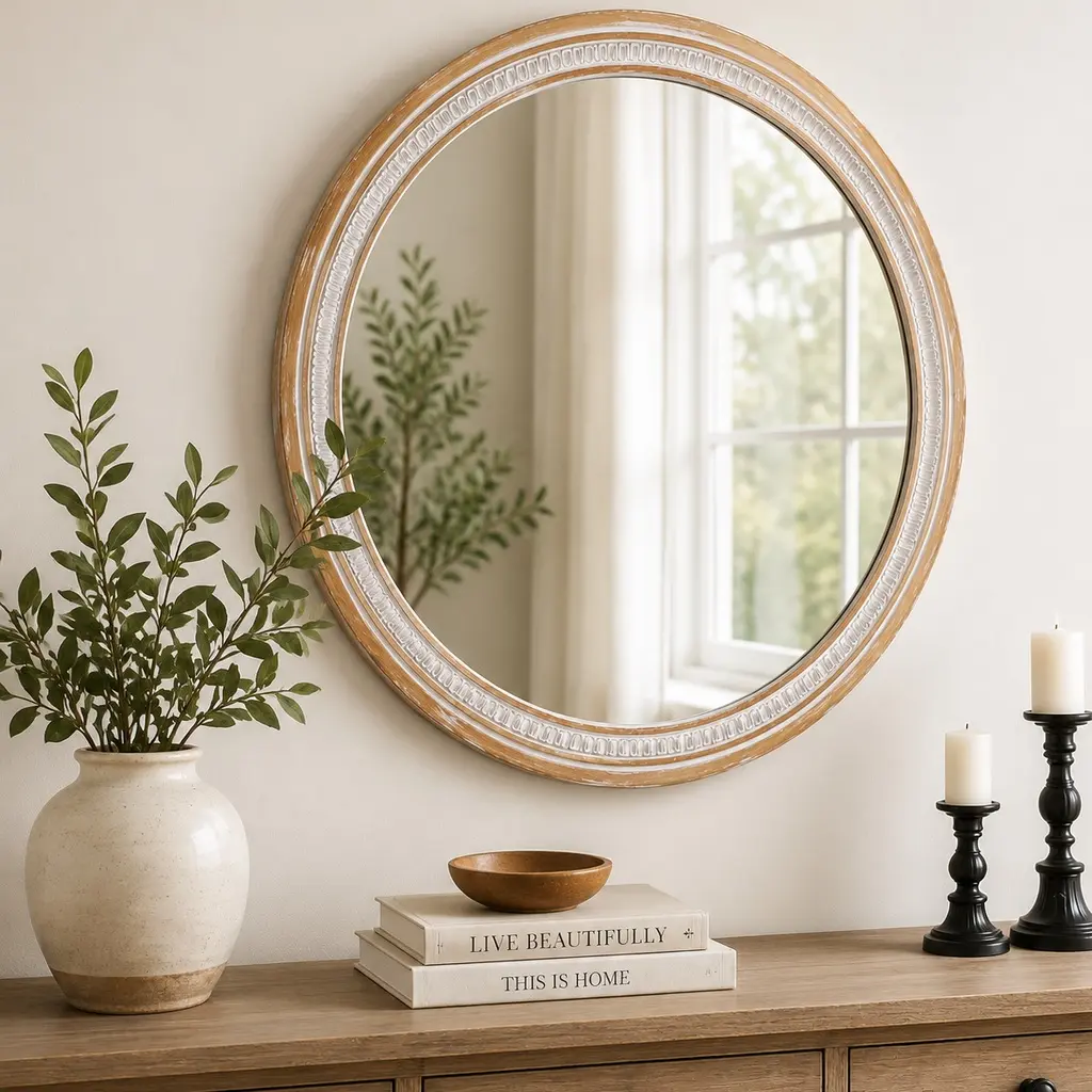 30-Inch Round Solid Wood Farmhouse Wall Mirror - Rustic Boho Decoration, Lightweight Hanging Mount, Easy Installation for Bathroom Vanity, Living Room