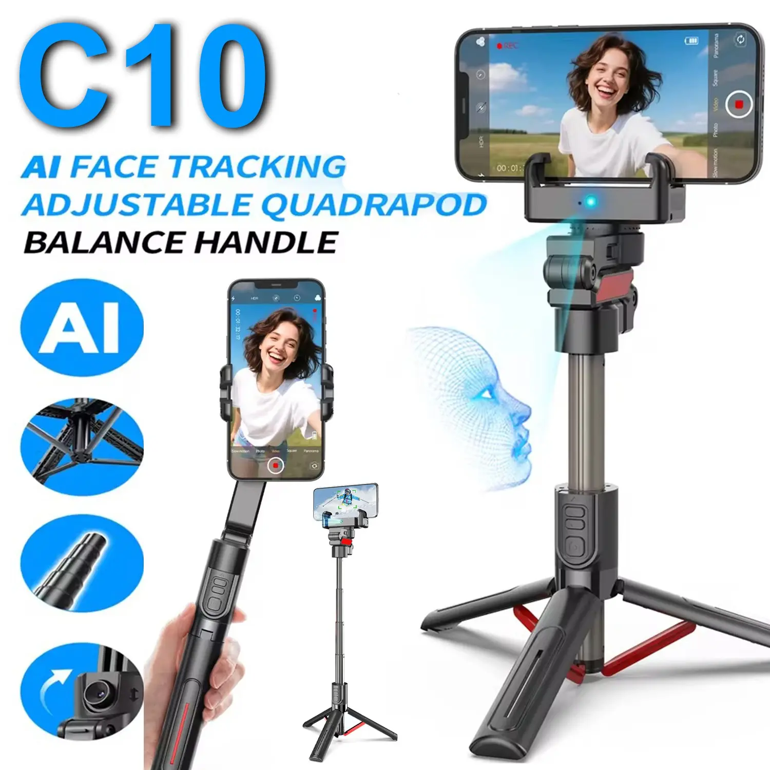 Ai Cloud Gimbal Stabilizer, 360° Rotation, Ai Face Tracking, Bluetooth-compatible Tripod, Portable Lightweight, for Smartphones and Action Cameras