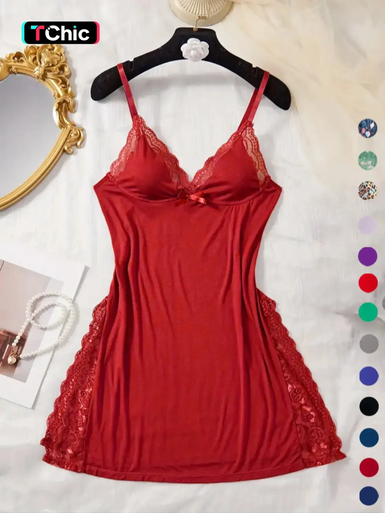 Women's Contrast Lace Bow Front Split Backless Cami Nightdress, Soft Comfortable Solid Spaghetti Strap Nightgown, Night Dress for Women