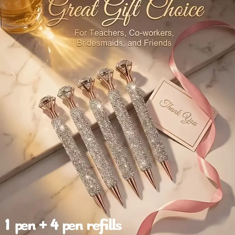 5Pcs Rhinestone Diamond Pen Set – 1 Pen + 4 Refills, Sparkling Bling Ballpoint Pen, Metal Body, Medium Point, Perfect Gift for Teacher, Student, School, Office, Campus Season, Christmas, Graduation, Party Favor, Classy Decor
