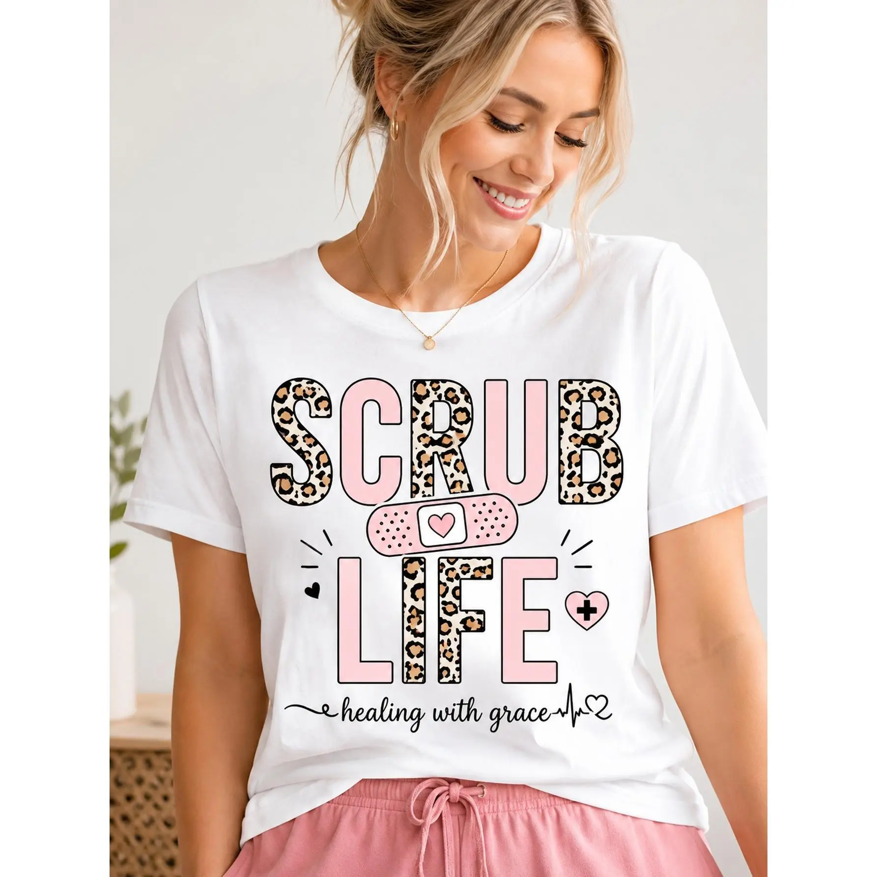 Women's Scrub Life Graphic Round Neck Short Sleeve T-Shirt - Smooth Soft Cotton Fabric, All-Over Leopard Print, Breathable, Comfortable for Nurses, Gentle Wash Compatible
