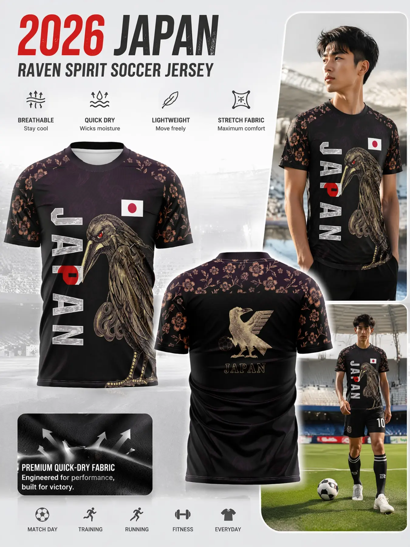 2026 Japan Men's Soccer Jersey, Quick-Dry Breathable Four-Way Stretch Mesh, Slim Fit Sporty Tee, Japanese Floral Print, Street Fashion