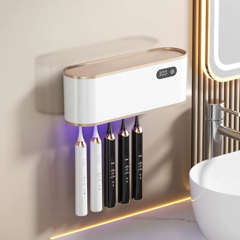UV Toothbrush Sanitizer Holder for 4| Wall Mounted Toothbrush Holder for with Fan Drying| USB Toothbrush Cleaner & Sterilizer, No Install, (White)