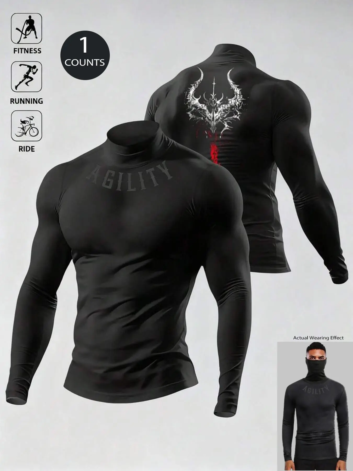 Men's Half-Height Neck Long Sleeve Top, Fitness Shirt with Agility Text and Bull Horn Pattern, Gym Training, Running, Cycling, Casual Fitness Wear