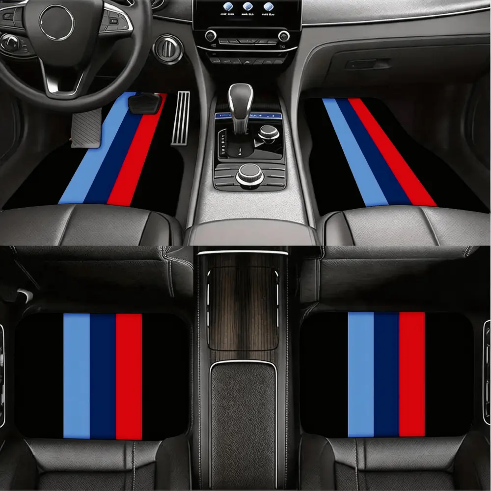 WOYUO M Style Polyester Non-Slip Car Floor Mats, Blue and Red Stripes Pattern, 4-Piece Set for BMW Sedan Interior