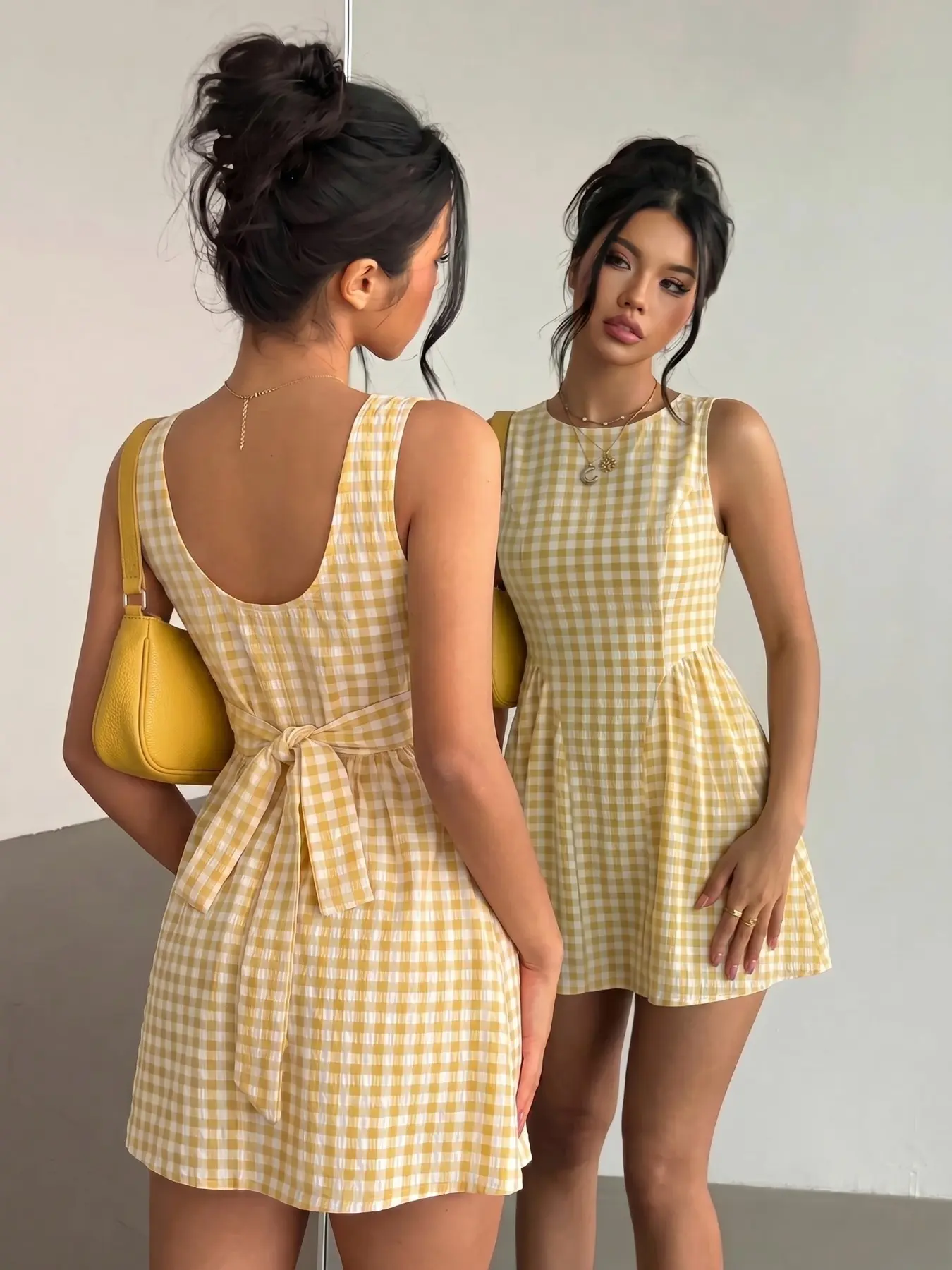 Yellow White Gingham Plaid Sleeveless Mini Dress Women Round Neck U Back Bow Tie Waist A Line Swing Sundress Cottagecore Picnic Casual Vacation Summer Short Dress Casual Beach Sundress #ginghamdress #cottagestyle #picnicoutfit #checkeddress