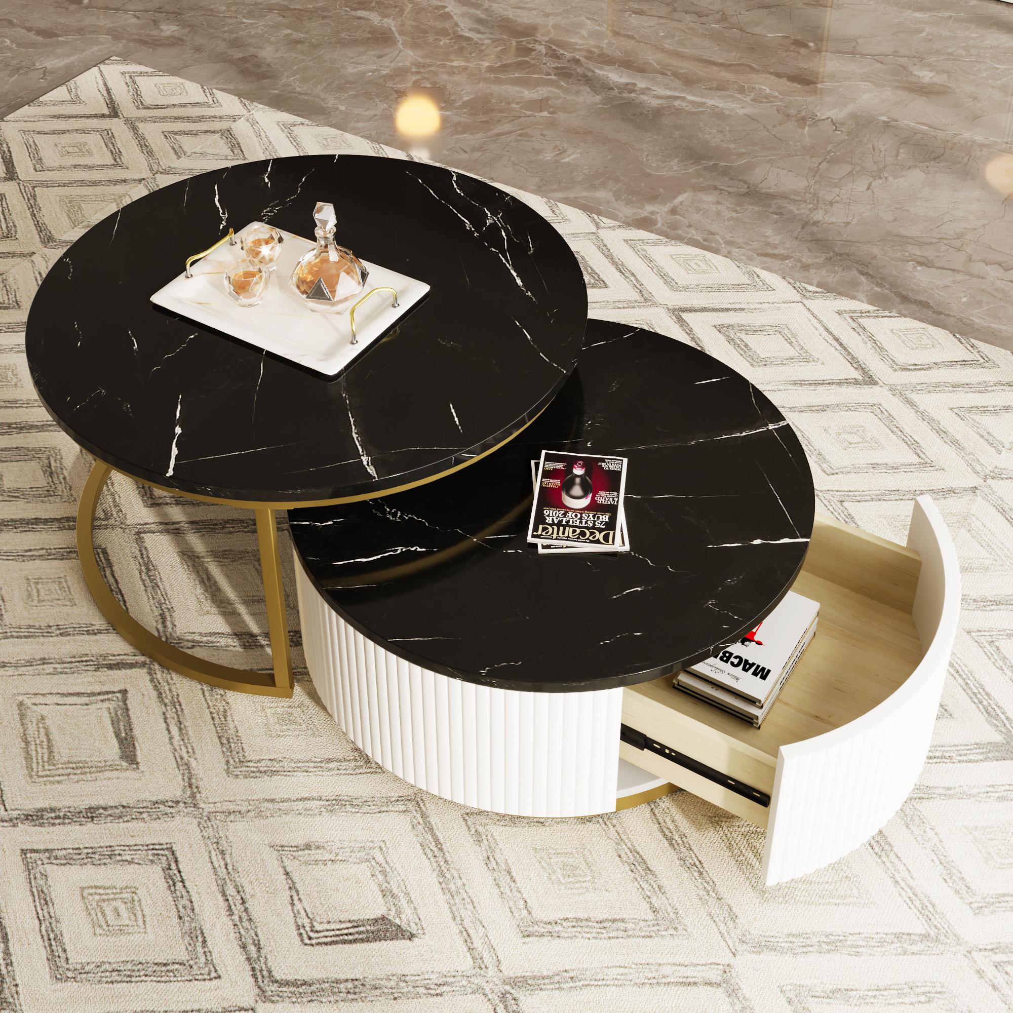 Bellemave Modern Round Nesting Coffee Table Fluted with Drawer in Black & Gold 27.6" Foldable MDF Top for Tidy Living Space Bellemave Modern Round Nesting Coffee Table Fluted with Drawer in Black & Gold 27.6" Foldable MDF Top for Tidy Living Space