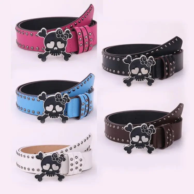 Y2K Punk Studded Leather Belt, Bow Skull Crossbone Metal Buckle Waist Belt, Unisex Grunge Streetwear Fashion Accessory