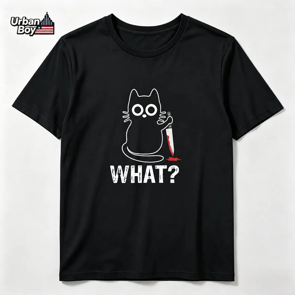 Men's 100% Cotton Round Neck Short Sleeve Tops, Menswear Graphic Print Tee with Funny Black Cat-Knife Design, Dark Humor Meme Halloween Casual Shirt