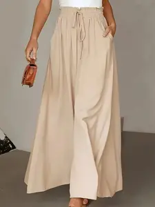 2026 Summer Women's Wide Leg Pants, High Waist Drawstring Loose Thin Trousers, Retro Literary Casual Daily Bottoms, Comfortable and Stylish
