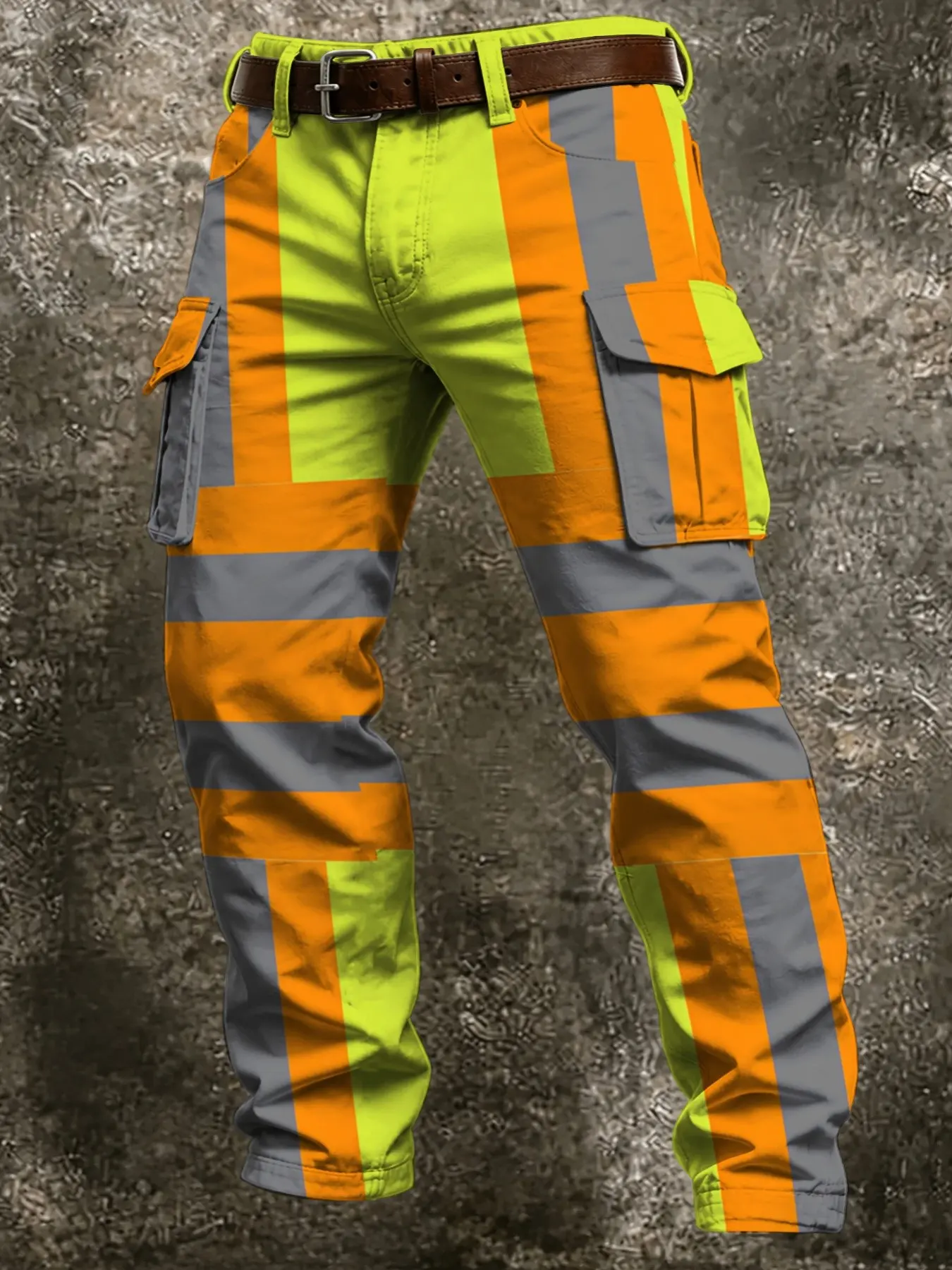 Fluorescent All-Over Print Cargo Pants, Long Fitted Casual Trousers with Multiple Pockets, Outdoor Safety Workwear