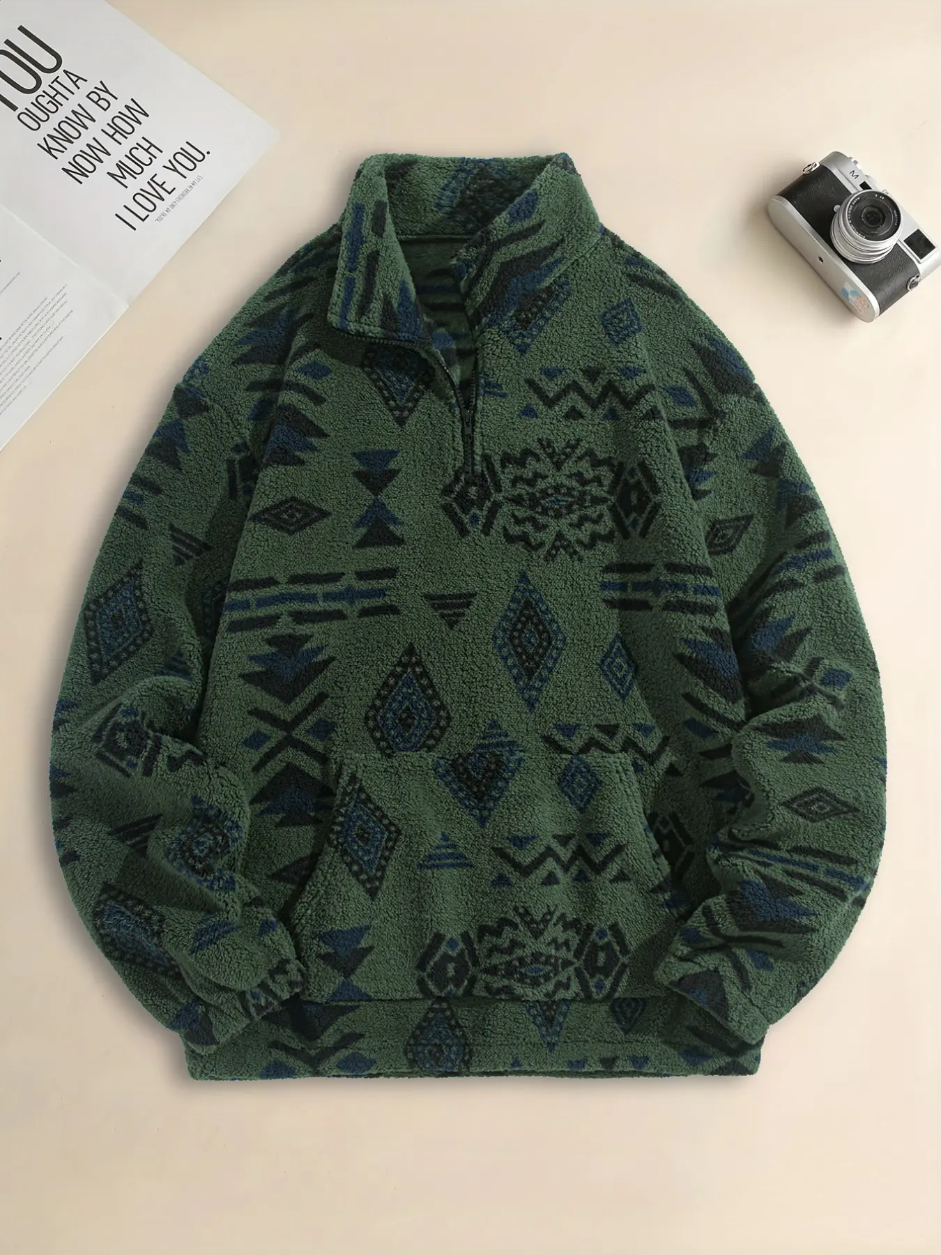 Men's Aztec Print Fleece Sweatshirt, Quarter Zip Stand Collar Pullover, Casual Warm Ethnic Style Winter Sweater, Comfortable and Stylish, Casual Cozy Sweatshirt