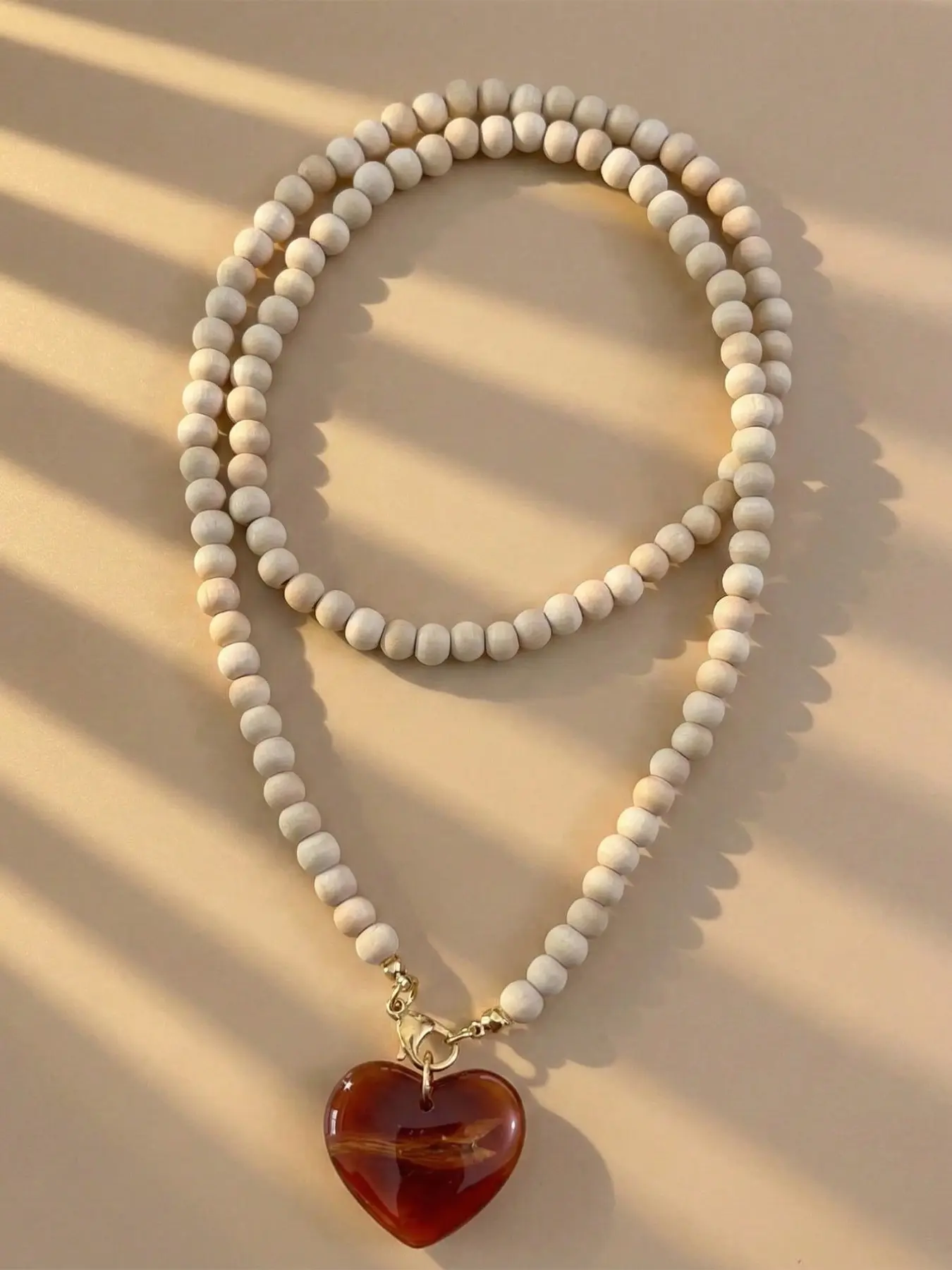 Wood Beaded Necklace for Women, Handmade Long Necklace, Necklets, Amber Color Heart Charm, Vintage Boho Jewelry, Valentine's Day Gift