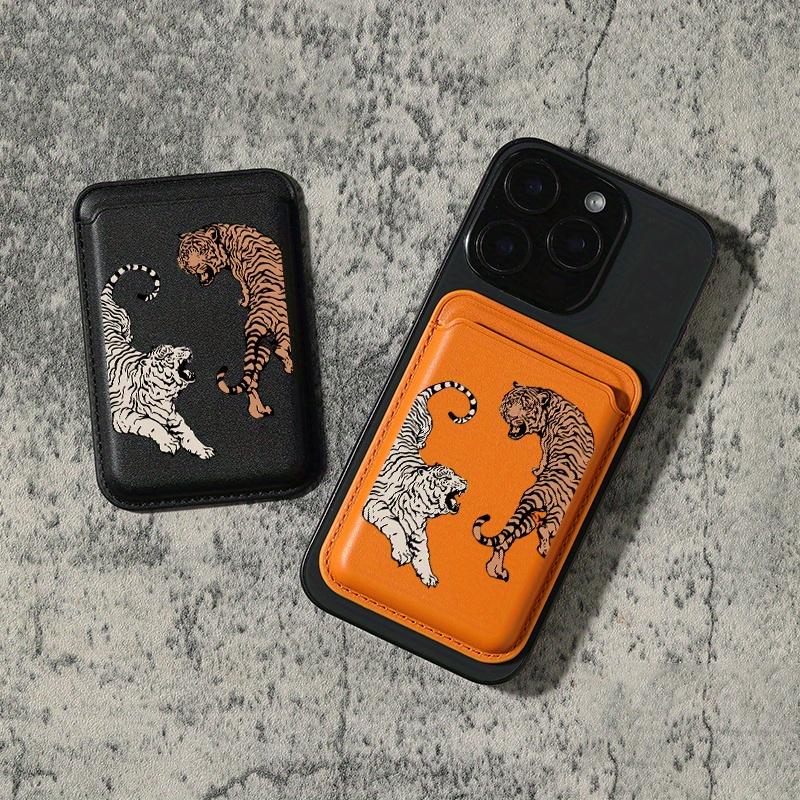 Luxury Tiger-Striped TPU Faux Leather Magnetic Mobile Wallet Card Holder for iPhone 16/15/14/13/12 Pro Max, 1-2 Secure Slots, Built-In Security Pocket, Orange with Black & White Stripes, Phone Accessory