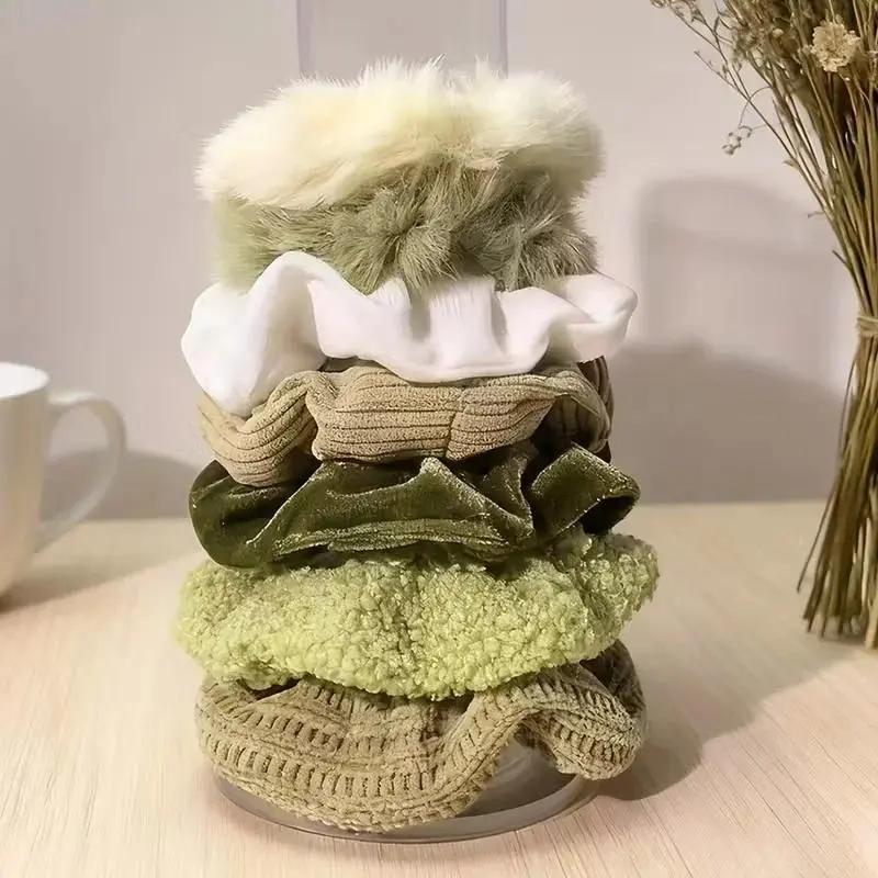 7pcs Velvet Scrunchies Set - Green Mix, Luxe Feel. Soft & Elegant Boho Hair Bands for Women, Perfect for Winter Hairstyles.