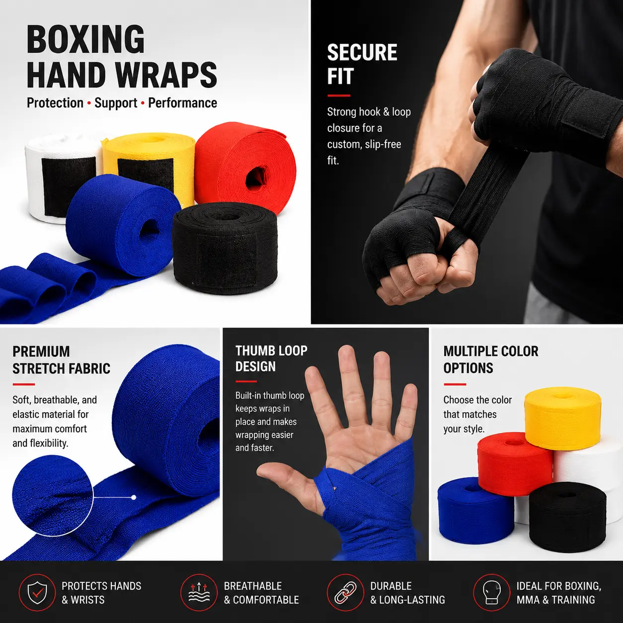 Premium Cotton Blend Elastic Boxing Hand Wraps, Breathable Reusable Wrist Support with Secure Hook & Loop Closure, Stretch Fit for Boxing Muay Thai Kickboxing Martial Arts Training