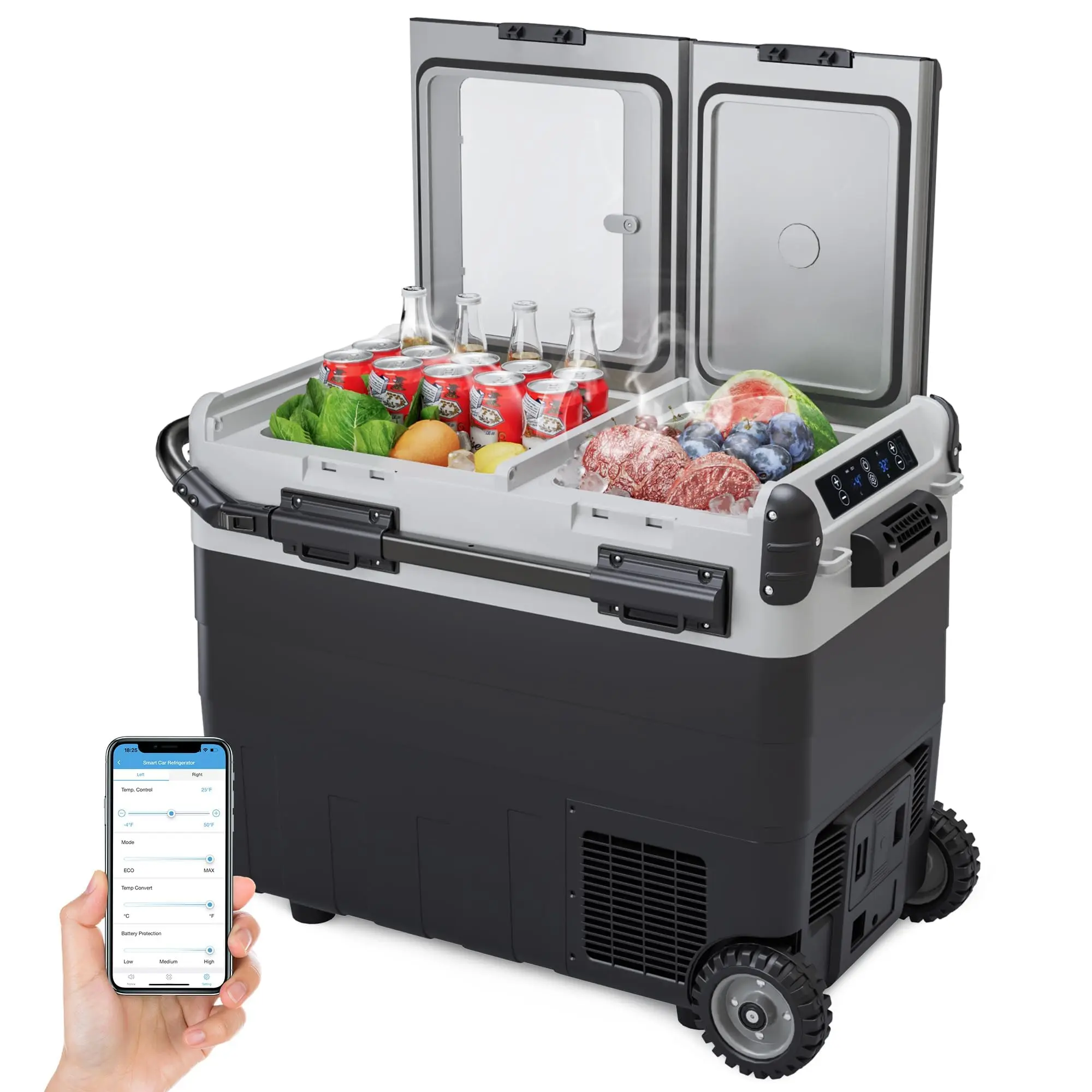 GARVEE Dual Zone 12V Portable Car Refrigerator & Freezer, 40L/50L/53QT Compressor Electric Cooler, -4°F to 68°F Adjustable Temperature, Fast Cooling, Wireless App Control, Charging Panel & Wheels for SUV, Truck, RV and Road Trips