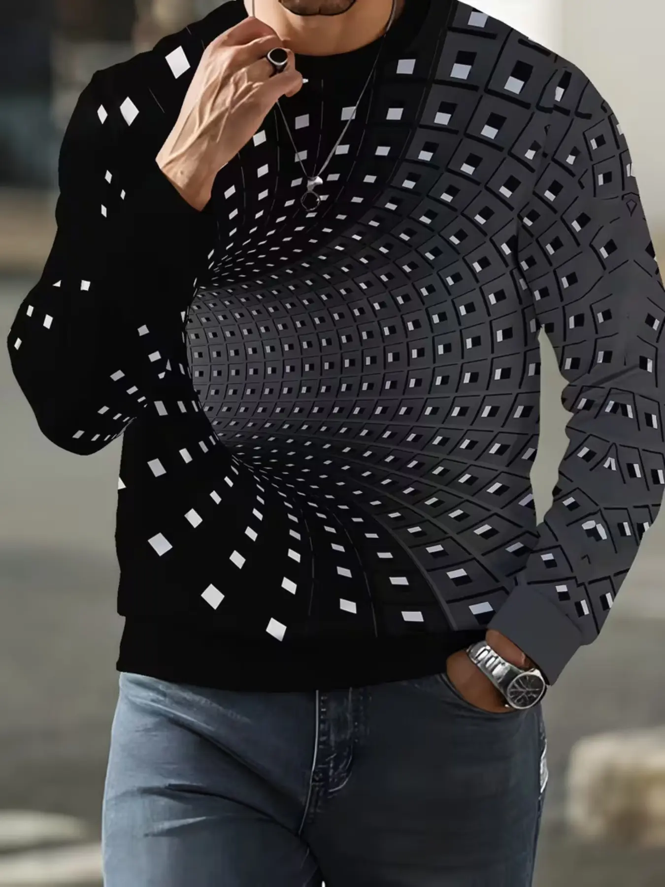 Men's Fun 3D Visual Simulation Ripped Long Sleeve Sweatshirt, Creative Dot Hollow Out Print Crew Neck Top, Loose Fit Fall Winter Fashion