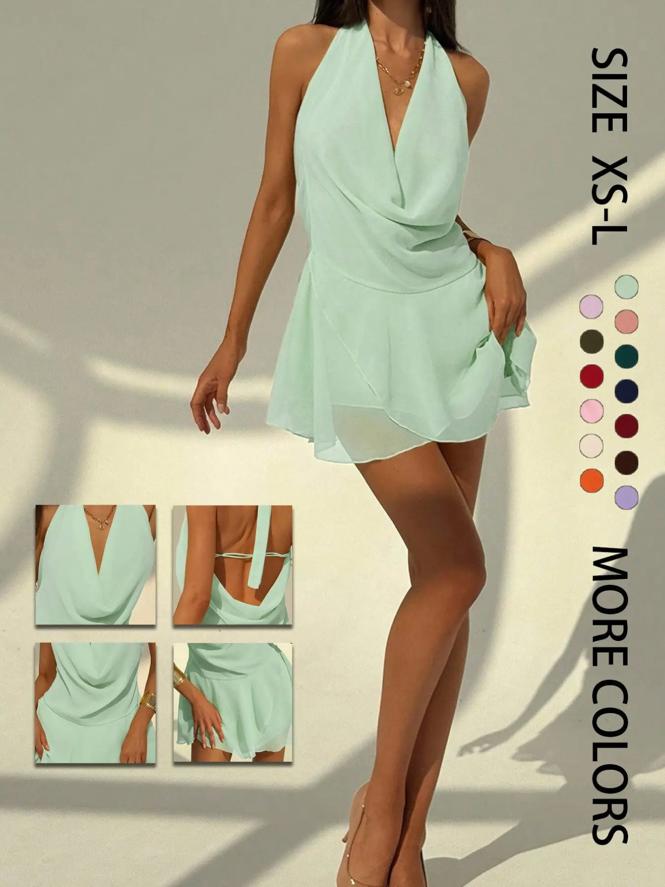Women's Mini Dress, Halter Backless Sleeveless Pleated Cross Tie V-Neck, Summer Fashion, Casual, Chic, Elegant Polka Dot Skirt, Short Length, Plain Surface, Pleated Beach Dress