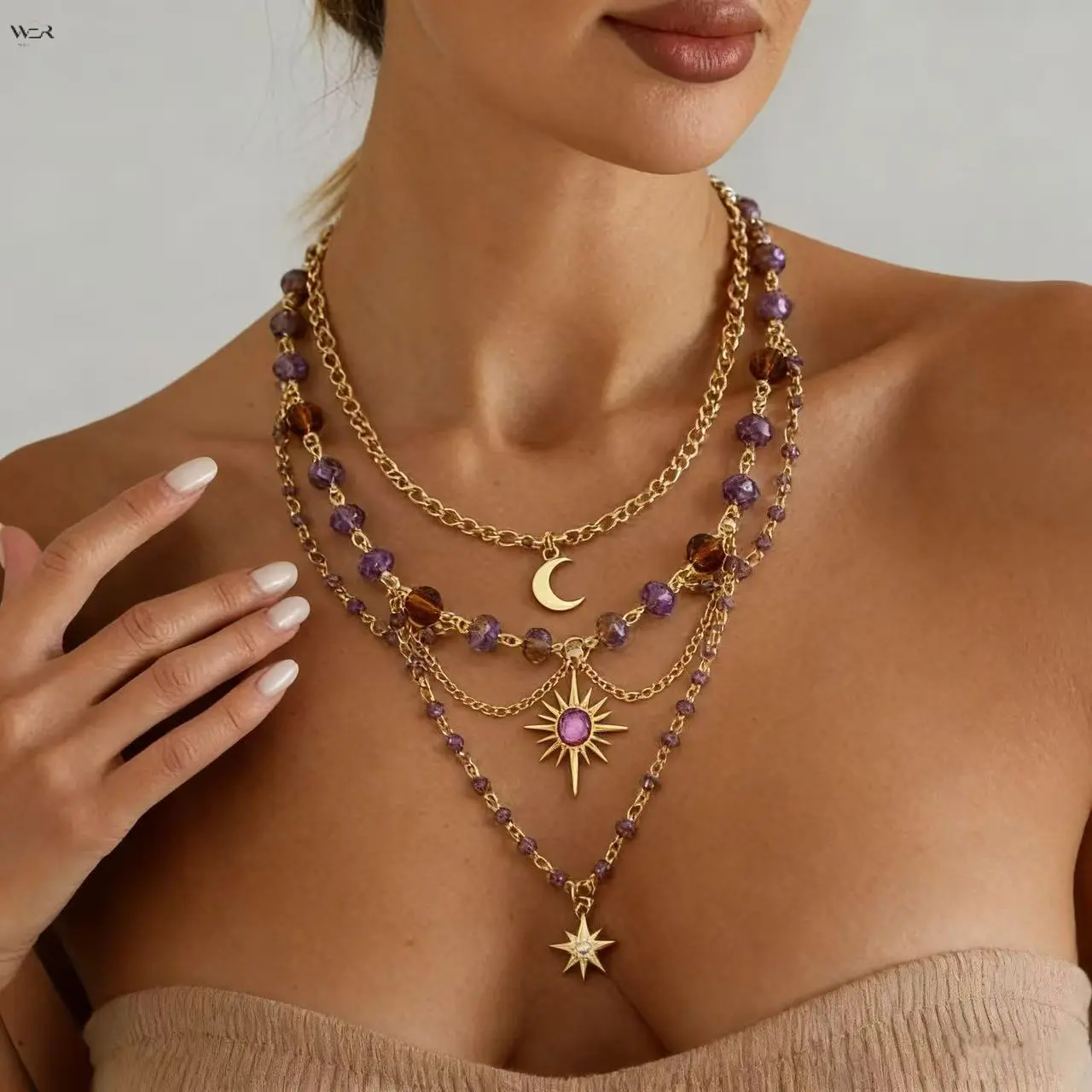 Women's Celestial 3-Layer Stack Necklace, Boho Gold Choker with Warm Tone Faceted Crystal Beads, Moon Sun Star Pendants, Anti-Tarnish Plating, Gold Cable Chains, Adjustable 19cm Extender, 24cm Length, Vintage Polished Alloy, 28g Female Costume Jewelry