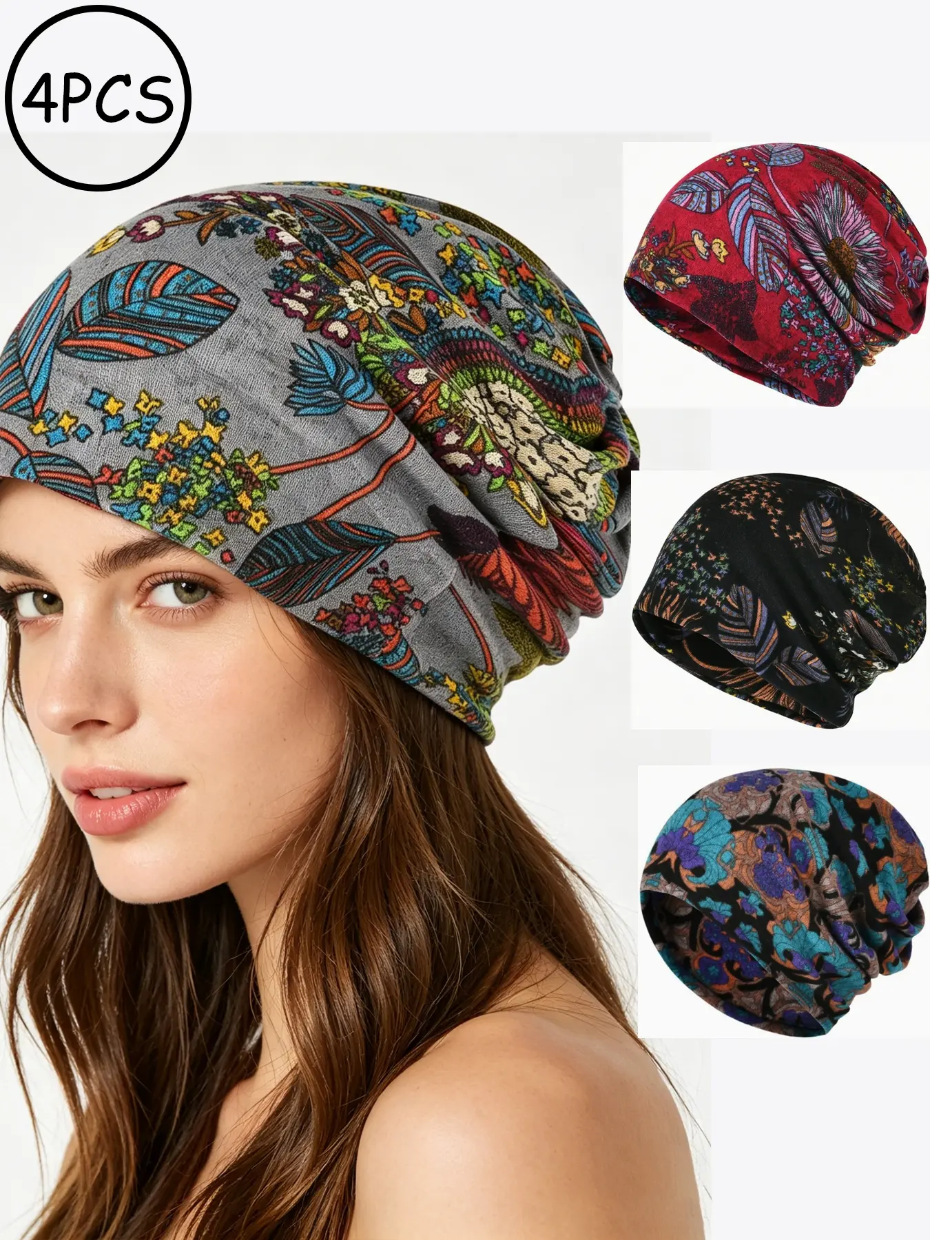 4-piece set of vintage cashmere tropical floral-printed loose beret sets, soft and elastic bohemian slip-on hats, Fashion Matching Hat, Cali Style Hat, Casual Summer Hat, available in multiple pack options for casual use