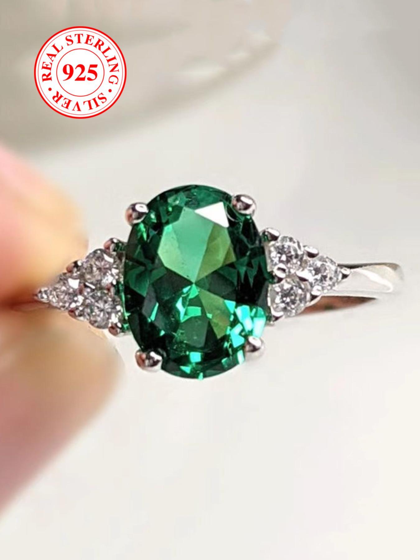 S925 Sterling Silver Oval Shaped Green Artificial Zircon Decor Ring, Elegant Bridal Engagement Ring for Women, Trendy All-match & Exquisite Jewelry for Birthday Gift