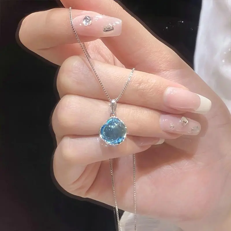Women's Korean Fashion Blue Round Crystal Pendant Bow Rhinestone Clavicle Chain Necklace - a14 Bow Knot Star a PC Costume Jewelry Gift for Elegant Sweet Styles, Bow Rhinestone Necklaces, A Pc Necklace