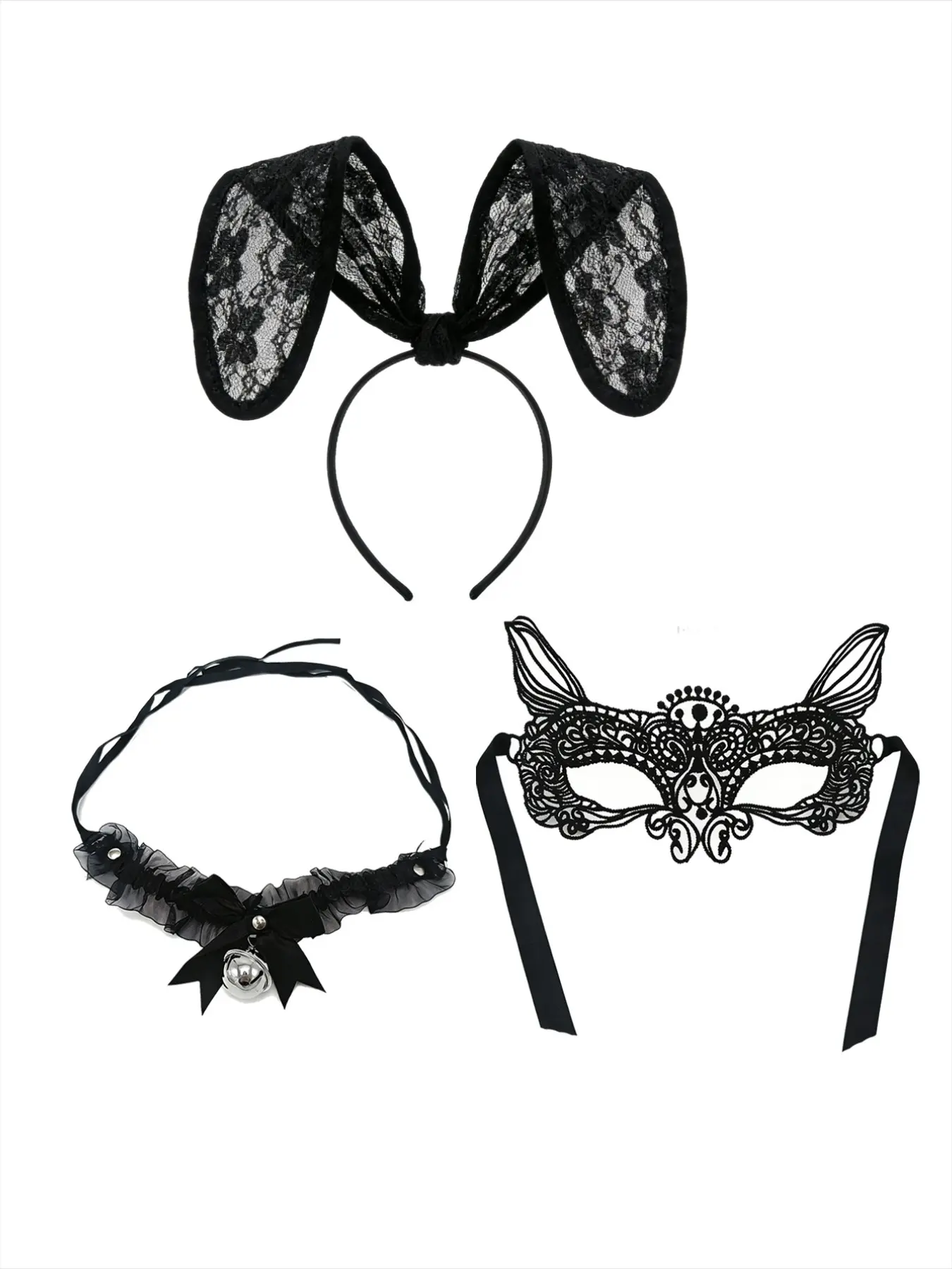 Costume Set (3 Pieces), Foldable Lace Bunny Ears Headband, Bell Necklace, Lace Eye Mask, Couples Party Accessories, Birthday Gift, Mask Cosplay