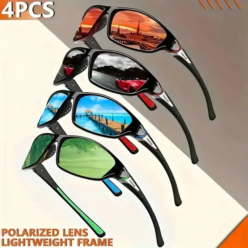 Unisex Sports Sunglasses 4-Pack, Polarized Night Vision Lenses with Protective Frame for Cycling and Outdoor Activities, Polarised Lens