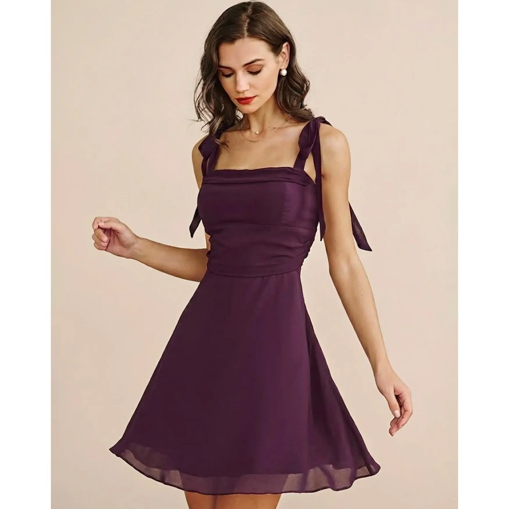 Purple Tie Strap Chiffon Mini Dress