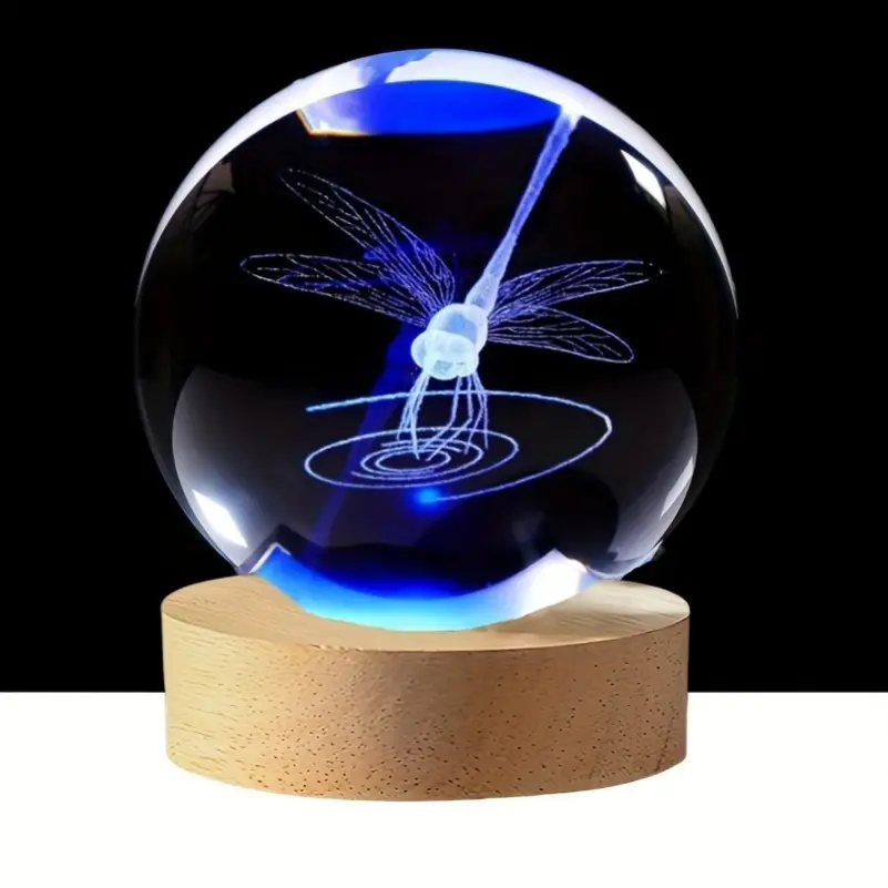 1pc Colorful 3D Dragonfly Crystal Ball with LED Light - USB Powered, Polished Glass Desk Decor & Perfect Gift for Friends Family