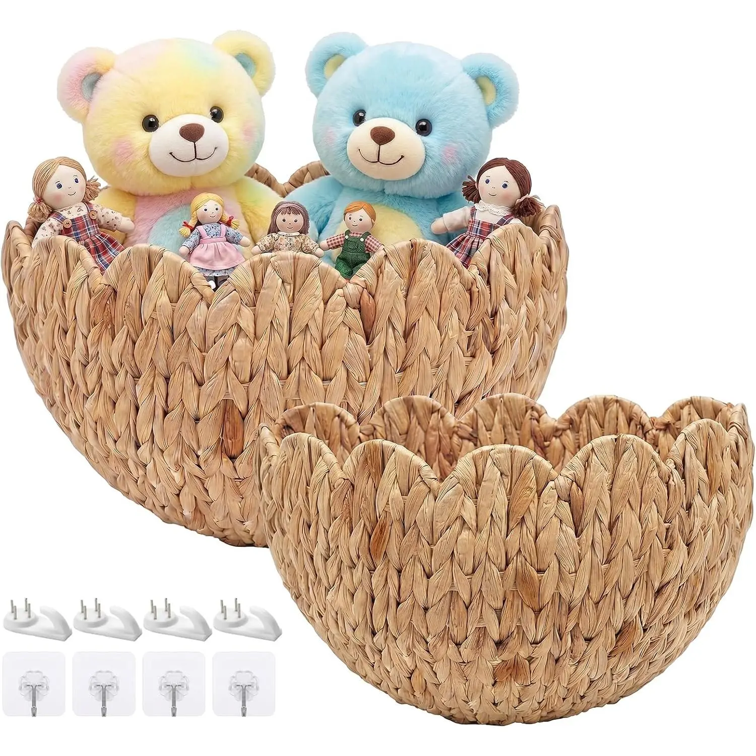 Scalloped Wicker Wall Baskets 2 Pack - Handwoven Hanging Rattan Storage Baskets for Wall Decor, Boho Front Door Basket & Farmhouse Bedroom Decoration (Natural)