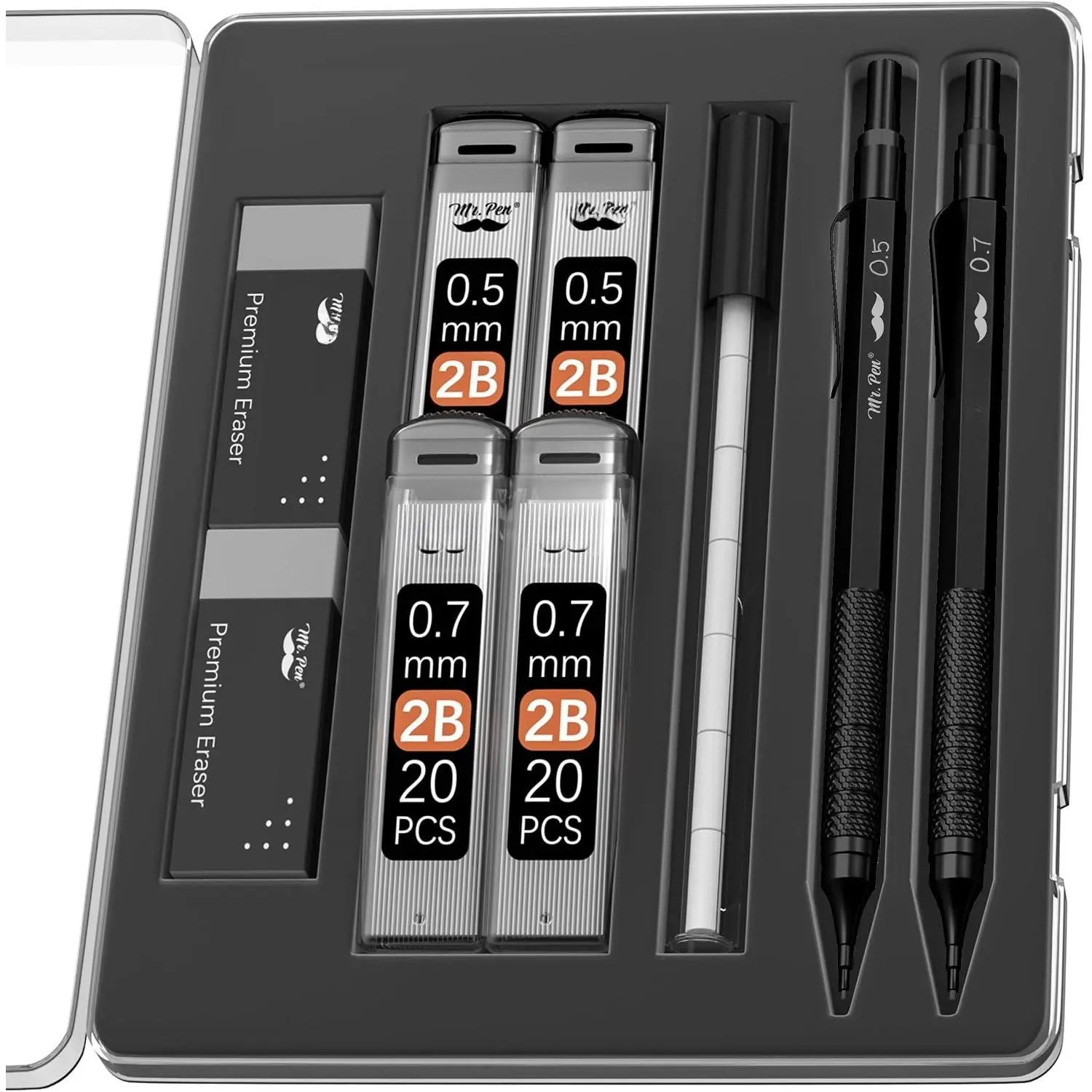 Durable Metal Mechanical Pencil Set, 2-Pack (0.5 & 0.7mm Sizes) with 80-Count 2B Lead Refills (4 Tubes), 2 Erasers, Comfortable Grip for School Supplies, Drawing, Fathers Day Gifts for Artists, Back To School Haul, First Day Of School