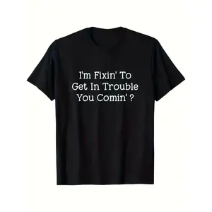 Plus Size 'I Want to Cause Some Trouble, Do You Too?' Printed T-Shirt - Casual Black Short-Sleeve T-Shirt, Fun Text Design, Suitable for Everyday Wear and a Unique Gift Choice