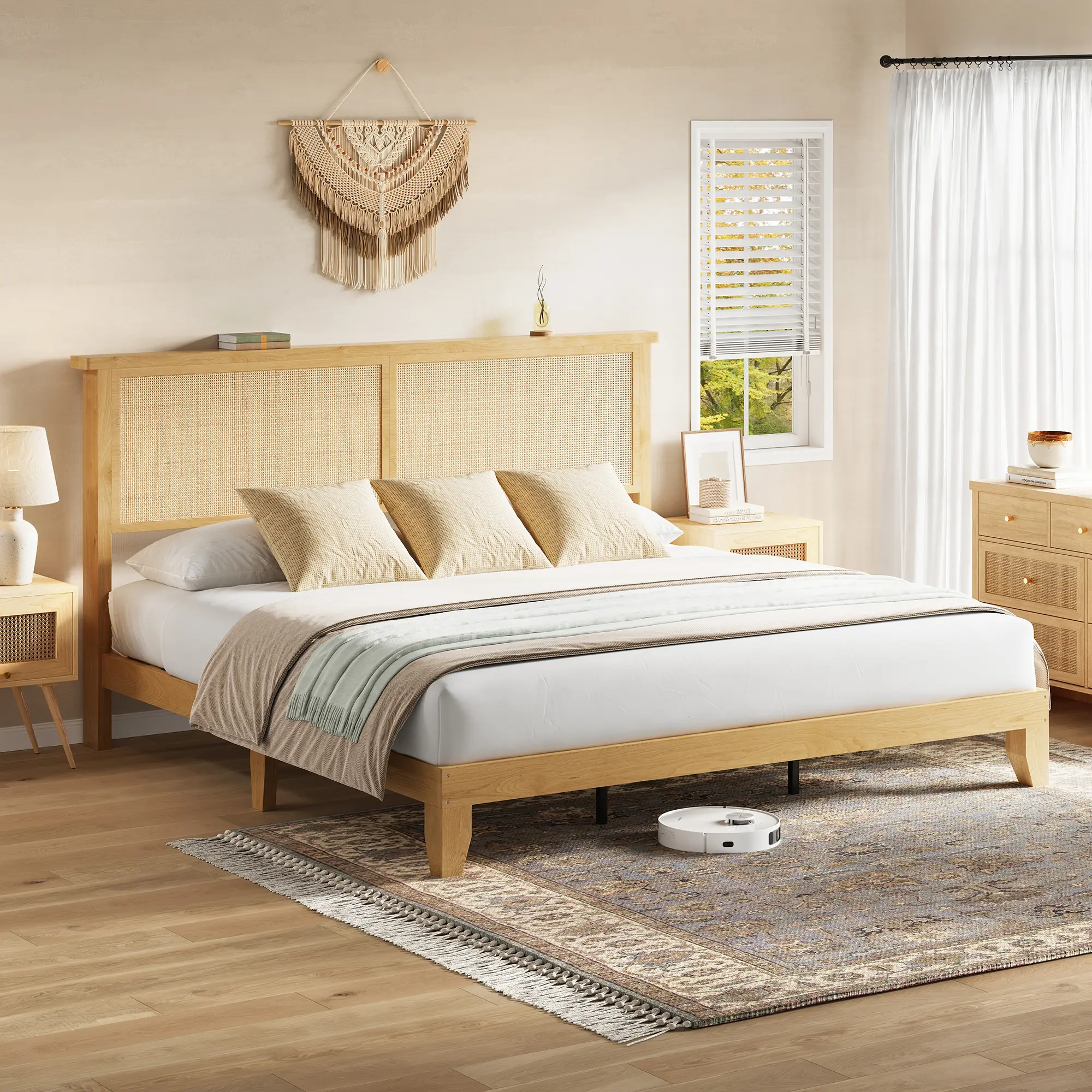 Rattan Bed Frame with LED Headboard – Boho Chic Platform Bed with Under-Bed Storage | Silent Wood Slats, No Box Spring Needed | Sturdy Wooden Legs, Natural Woven Design | Full/Queen/King Sizes | Modern Eclectic Bedroom Furniture