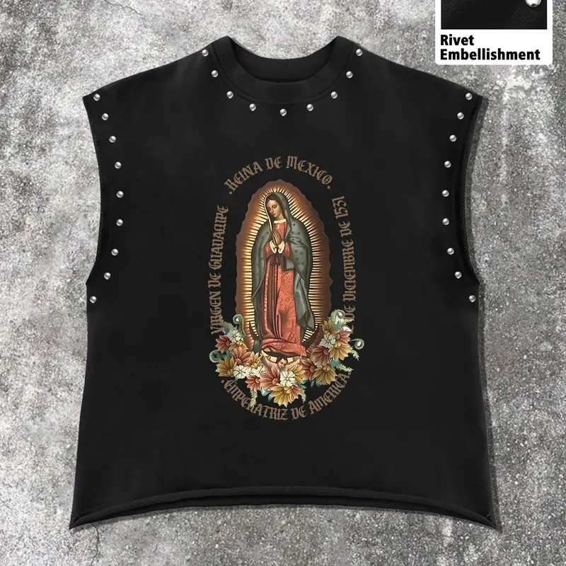 Unisex Sleeveless Vest, Virgin Mary Faith Print, Casual Streetwear, Trendy and Comfortable, All Seasons, Fitted Graphic Design, Casual Sleeveless Clothes