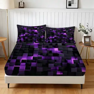 3-Piece Neon Square Pattern Fitted Sheet Set, Includes 1 Flat Sheet And 2 Pillowcases, Comfortable Bedding, Non-Slip Dust Cover, Suitable For Bedroom And Guest Room