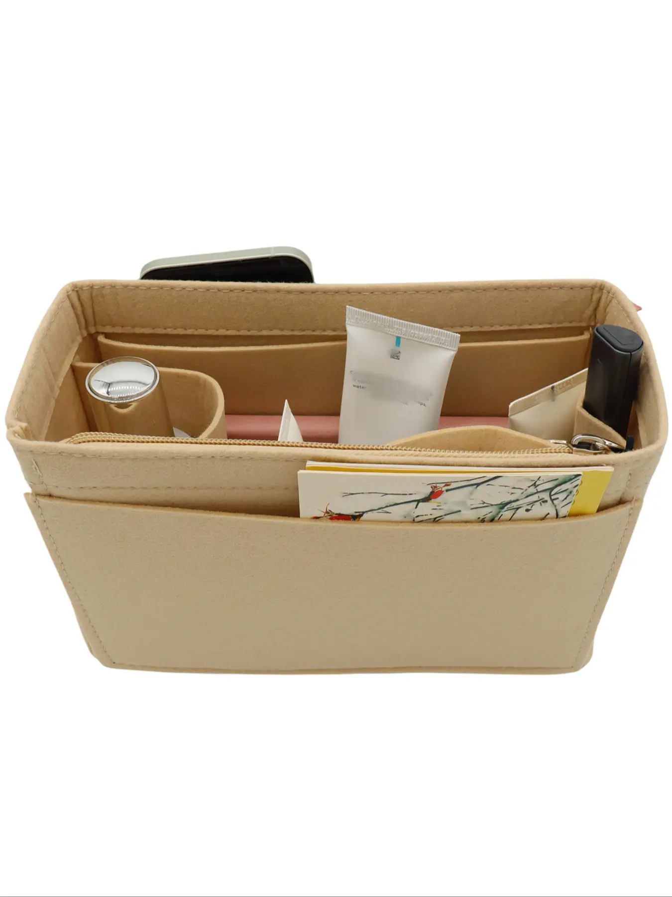 Felt Purse Organizer Insert with Zipper, Water Bottle Pocket, Multi Compartment Bag Liner, Fits Mini Tote Handbag, Portable Storage for Daily Use, Bag Organizers