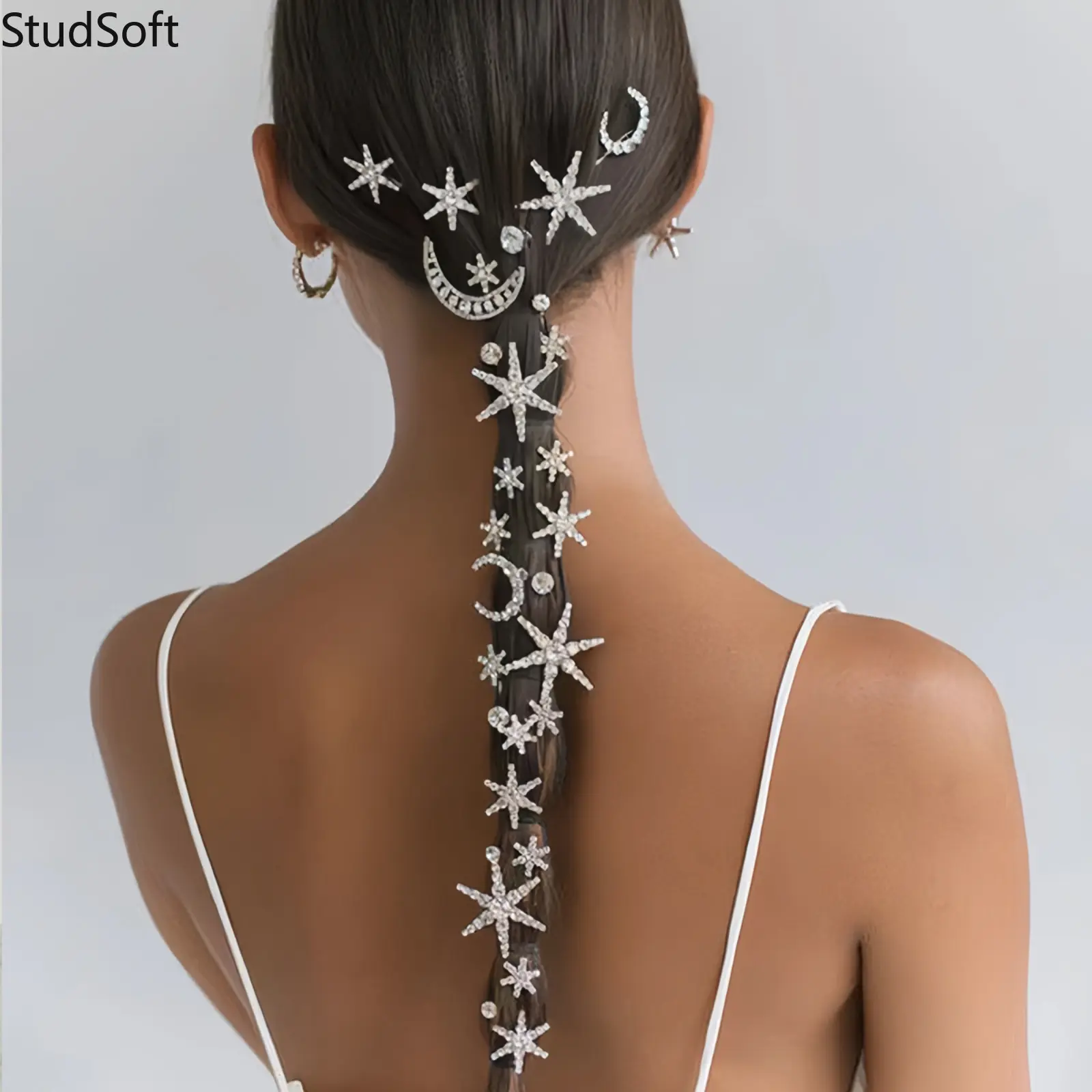 Rhinestone Star Hair Chain Celestial Moon Braid Extension Long Bling Starfish Headpiece Wedding Bridal Hair Accessories for Women Party Festival,back to school,back to school haul