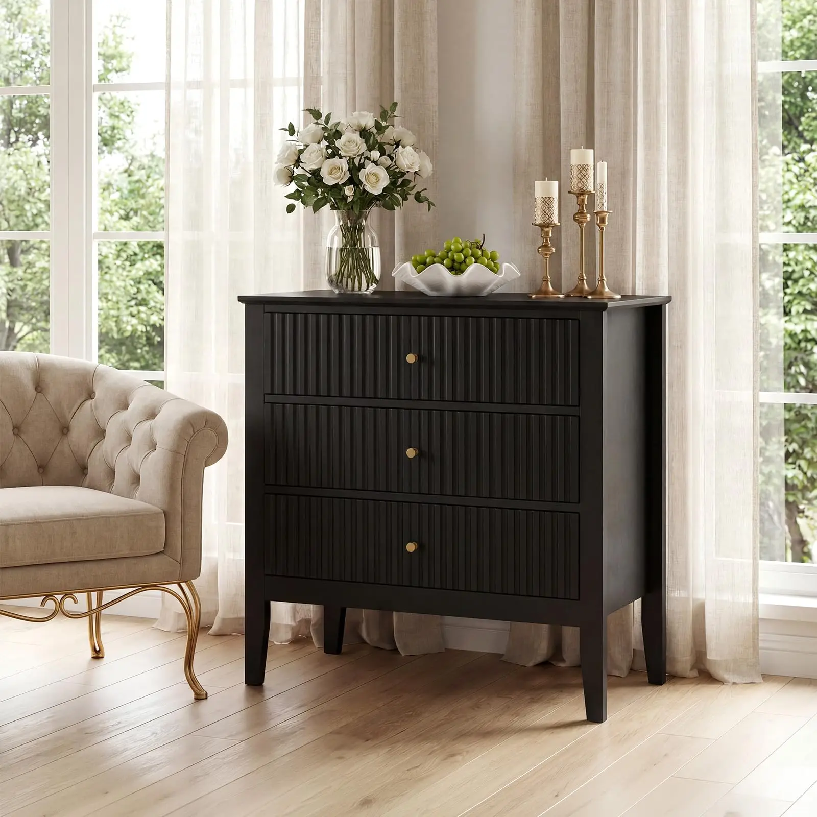 32" Fluted Nightstand with Charging Station – 3-Drawer Bedside Table with Raised Legs, Modern Black Night Stand for Bedroom, Living Room & Small Spaces
